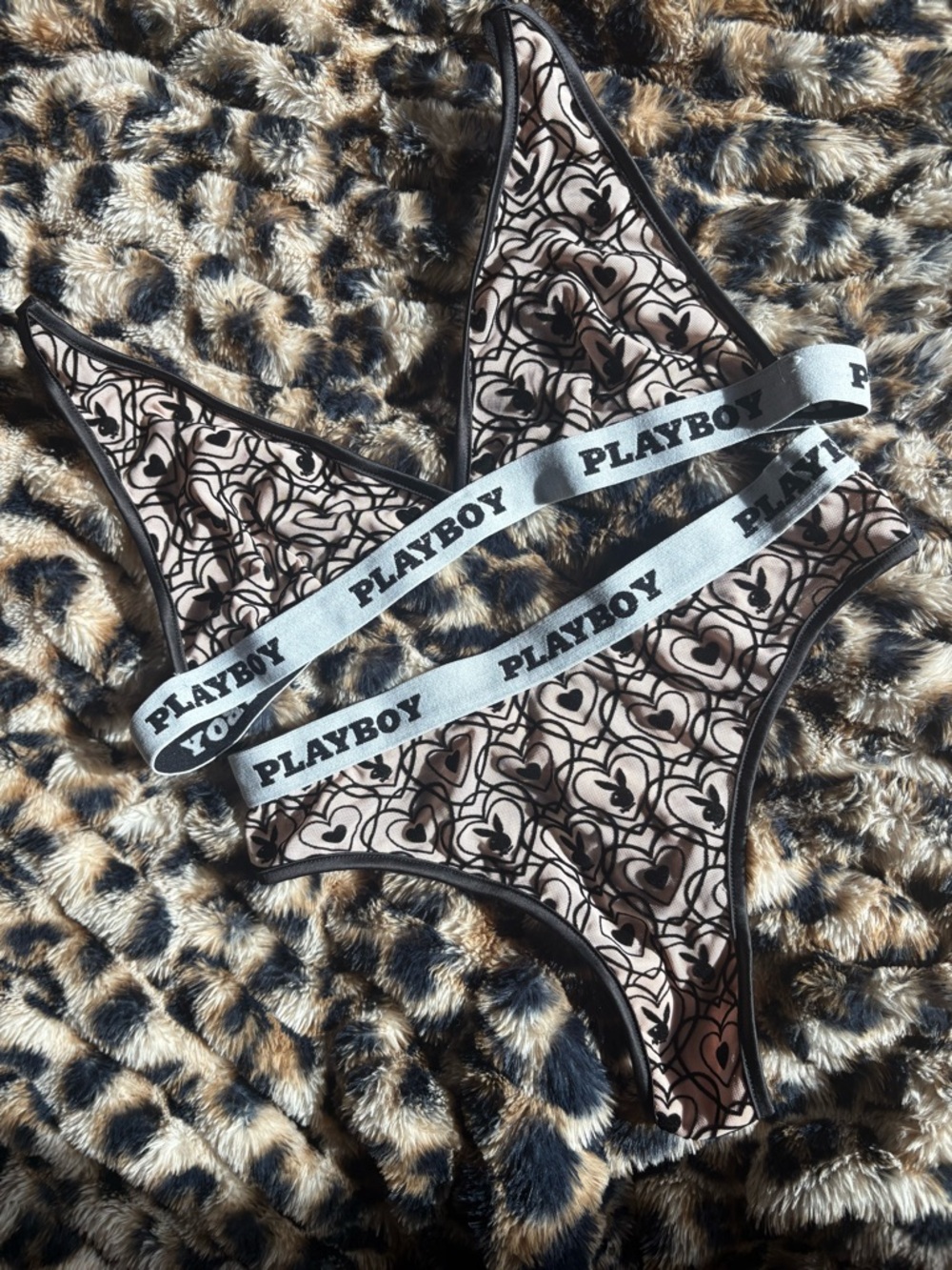 Playboy Women's Heart Print Bralette & Thong Set in Nude/Black crushed velvet - Picture 9 of 9